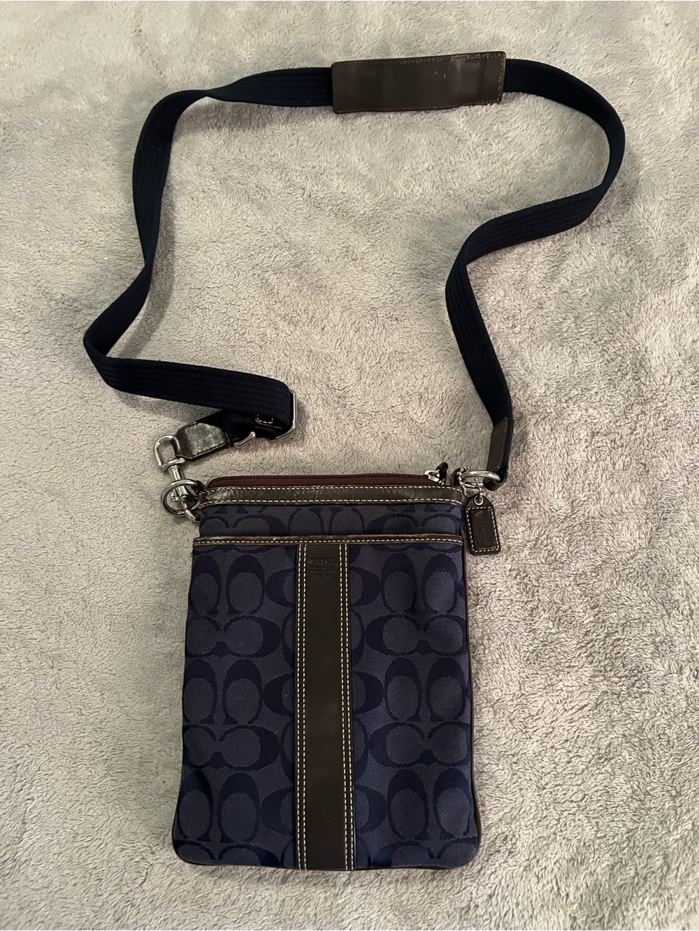 Coach Navy Signature Crossbody with Brown Trim